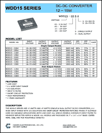 WDD15-15D5 datasheet: 15 W DC/DC converter,input voltage 18-72 V, output voltage +/-15 V, output current +/-500 mA WDD15-15D5