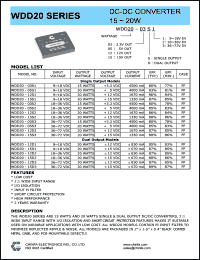 WDD20-12D2 datasheet: 20 W DC/DC converter,input voltage 18-36 V, output voltage +/-12 V, output current +/-830 mA WDD20-12D2
