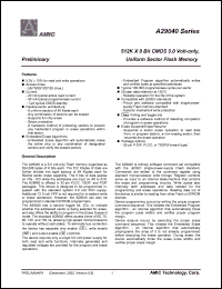 A29040-120 datasheet: 120ns 20mA 1uA 512K x 8bit CMOS 5.0V-only A29040-120