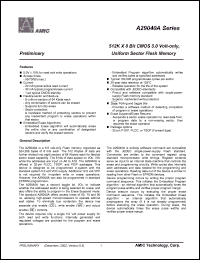 A29040AL-55 datasheet: 55ns 20mA 1uA 512K x 8bit CMOS 5.0V-only A29040AL-55