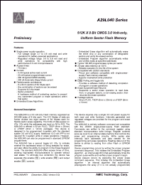 A29L040V-70 datasheet: 70ns; active read:4mA; programm/erase:20mA 0.2uA 512K x 8bit CMOS 3.0V-only uniform sector flash memory A29L040V-70