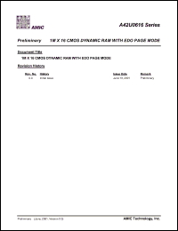 A42U0616V-80 datasheet: 80ns; refresh cycle:1K; 1M x 16 CMOS dynamic RAM with EDO page mode A42U0616V-80