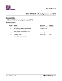 A43L0616AV-6 datasheet: 6ns; 166MHz/CL=3; 125MHz/CL=2; 512K x 16bit x 2banks synchronous DRAM A43L0616AV-6