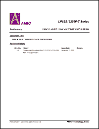 LP62S16256FU-70LLT datasheet: 70ns; operating current:40mA; standby current:10uA; 256K x 16bit low voltage CMOS SRAM LP62S16256FU-70LLT