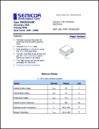 2N2222A datasheet: Chip: 6.0V; geometry 0400; polarity NPN 2N2222A