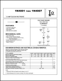 1N4001 datasheet: Silicon rectifier. Case molded plastic.  Maximum recurrent peak reverse voltage 50 V. Maximum average forward rectified current 1.0 A. 1N4001