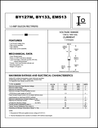 EM513 datasheet: Silicon rectifier. Case molded plastic.  Maximum recurrent peak reverse voltage 1600 V. Maximum average forward rectified current 1.0 A. EM513