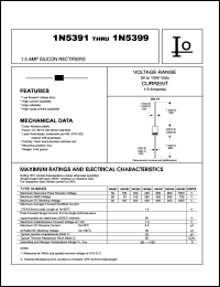 1N5393 datasheet: Silicon rectifier. Case molded plastic.  Maximum recurrent peak reverse voltage 200 V. Maximum average forward rectified current 1.5 A. 1N5393