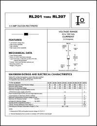 RL203 datasheet: Silicon rectifier. Case molded plastic.  Maximum recurrent peak reverse voltage 200 V. Maximum average forward rectified current 2.0 A. RL203