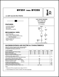 BY251 datasheet: Silicon rectifier. Case molded plastic.  Maximum recurrent peak reverse voltage 200 V. Maximum average forward rectified current 3.0 A. BY251