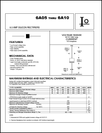 6A2 datasheet: Silicon rectifier. Case molded plastic.  Maximum recurrent peak reverse voltage 200 V. Maximum average forward rectified current 6.0 A. 6A2