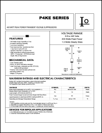 P4KE8.2 datasheet: 400 Watt peak power transient voltage suppressor. Reverse stad-off voltage VRWM = 6.63 V. Test current IT = 10 mA P4KE8.2