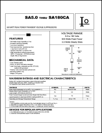SA5.0 datasheet: 500 Watt peak power transient voltage suppressor. Reverse stad-off voltage VRWM = 5.00 V. Test current IT = 10 mA SA5.0