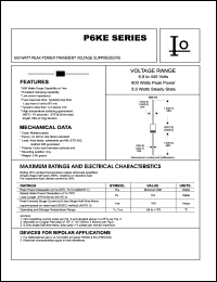 P6KE6.8 datasheet: 600 Watt peak power transient voltage suppressor. Reverse stand-off voltage VRWM = 5.50 V. Test current IT = 10 mA P6KE6.8