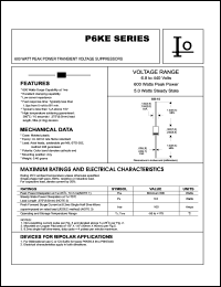 P6KE200 datasheet: 600 Watt peak power transient voltage suppressor. Reverse stand-off voltage VRWM = 162.00 V. Test current IT = 1 mA. P6KE200