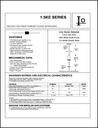 1.5KE6.8A datasheet: 1500 Watt peak power transient voltage suppressor. Reverse stand-off voltage VRWM = 5.80 V. Test current IT = 10 mA. 1.5KE6.8A