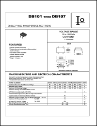 DB101 datasheet: Single phase bridge rectifier. Maximum recurrent peak reverse voltage 50 V. Maximum average forward rectified current 1.0 A. DB101