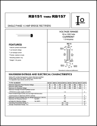 RB151 datasheet: Single phase bridge rectifier. Maximum recurrent peak reverse voltage 50 V. Maximum average forward rectified current 1.5 A. RB151