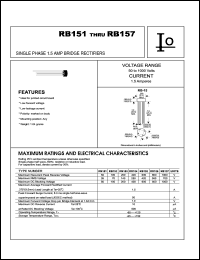 RB156 datasheet: Single phase bridge rectifier. Maximum recurrent peak reverse voltage 800 V. Maximum average forward rectified current 1.5 A. RB156