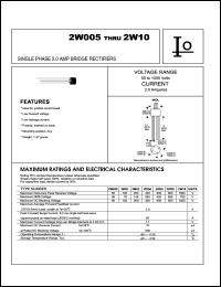 2W06 datasheet: Single phase bridge rectifier. Maximum recurrent peak reverse voltage 600 V. Maximum average forward rectified current 2.0 A. 2W06