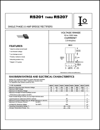 RS203 datasheet: Single phase bridge rectifier. Maximum recurrent peak reverse voltage 200 V. Maximum average forward rectified current 2.0 A. RS203