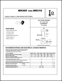 BR305 datasheet: Single phase bridge rectifier. Maximum recurrent peak reverse voltage 50 V. Maximum average forward rectified current 3.0 A. BR305
