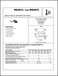 RS401L datasheet: Single phase bridge rectifier. Maximum recurrent peak reverse voltage 50 V. Maximum average forward rectified current 4.0 A. RS401L