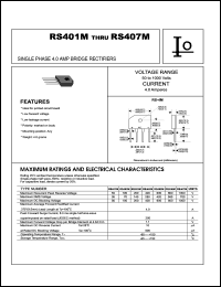 RS405M datasheet: Single phase bridge rectifier. Maximum recurrent peak reverse voltage 600 V. Maximum average forward rectified current 4.0 A. RS405M