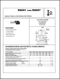 RS601 datasheet: Single phase bridge rectifier. Maximum recurrent peak reverse voltage 50 V. Maximum average forward rectified current 6.0 A. RS601