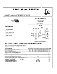 RS606M datasheet: Single phase bridge rectifier. Maximum recurrent peak reverse voltage 800 V. Maximum average forward rectified current 6.0 A. RS606M