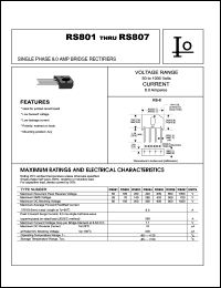 RS807 datasheet: Single phase bridge rectifier. Maximum recurrent peak reverse voltage 1000 V. Maximum average forward rectified current 8.0 A. RS807