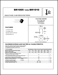 BR1010 datasheet: Single phase bridge rectifier. Maximum recurrent peak reverse voltage 1000 V. Maximum average forward rectified current 10 A. BR1010