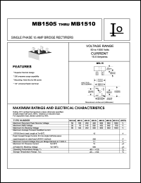 MB1505 datasheet: Single phase bridge rectifier. Maximum recurrent peak reverse voltage 50 V. Maximum average forward rectified current 15 A. MB1505