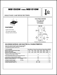 MB1505W datasheet: Single phase bridge rectifier. Maximum recurrent peak reverse voltage 50 V. Maximum average forward rectified current 15 A. MB1505W
