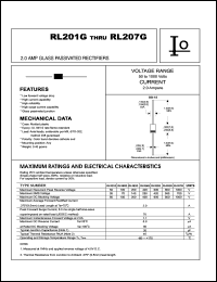 RL201G datasheet: Glass passivated rectifier. Maximum recurrent peak reverse voltage 50 V. Maximum average forward rectified current 2.0 A. RL201G