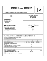 SM4001 datasheet: Surface mount silicon rectifier. Maximum recurrent peak reverse voltage 50 V. Maximum average forward rectified current 1.0 A. SM4001