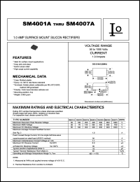 SM4001A datasheet: Surface mount silicon rectifier. Maximum recurrent peak reverse voltage 50 V. Maximum average forward rectified current 1.0 A. SM4001A