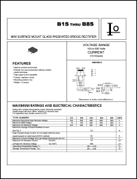 B1S datasheet: Mini surface mount glass passivated bridge rectifier. Maximum recurrent peak reverse voltage 100 V. Maximum average forward rectified current 0.5 A. B1S