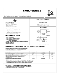 SMBJ5.0C datasheet: Surface mount transient voltage suppressor. 600 watts peak power. Reverse stand-off voltage VRWM = 5.0 V. Test current IT = 10 mA. SMBJ5.0C