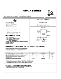 SMCJ8.5CA datasheet: Surface mount transient voltage suppressor. 1500 watts peak power. Reverse stand-off voltage VRWM = 8.5 V. Test current IT = 1 mA. SMCJ8.5CA