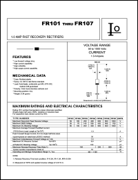 FR102 datasheet: Fast recovery rectifier. Maximum recurrent peak reverse voltage 100 V. Maximum average forward rectified current 1.0 A. FR102