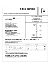 P4KE18C datasheet: 400 Watt peak power transient voltage suppressor. Reverse stand-off voltage VRWM = 14.50 V. Test current IT = 1 mA. P4KE18C