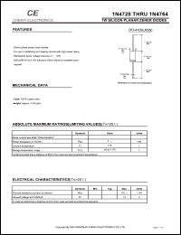 1N4736 datasheet: 1W silicon planar zener diode. Nominal zener voltage Vz = 6.8 V. Test current Izt = 37 mA. 1N4736