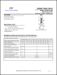 2W005 datasheet: Single phase glass bridge rectifier. Maximum recurrent peak reverse voltage 50 V. Maximum average forward rectified current 2.0 A. 2W005