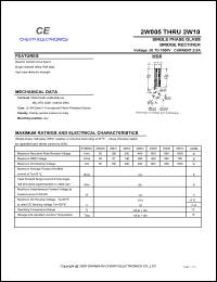 2W01 datasheet: Single phase glass bridge rectifier. Maximum recurrent peak reverse voltage 100 V. Maximum average forward rectified current 2.0 A. 2W01
