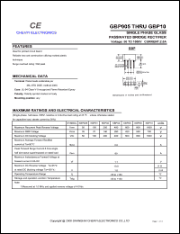 GBP005 datasheet: Single phase glass passivated bridge rectifier. Maximum recurrent peak reverse voltage 50 V. Maximum average forward rectified current 2.0 A. GBP005