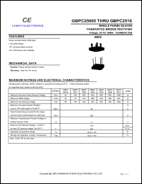 GBPC2508 datasheet: Single phase silicon passivated bridge rectifier. Maximum recurrent peak reverse voltage 800 V. Maximum average forward rectified current 25 A. GBPC2508