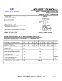 GBPC601 datasheet: Single phase silicon passivated bridge rectifier. Maximum recurrent peak reverse voltage 100 V. Maximum average forward rectified current 6.0 A. GBPC601