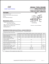 GBU6J datasheet: Single phase glass passivated bridge rectifier. Maximum recurrent peak reverse voltage 600 V. Maximum average forward rectified current 6.0 A. GBU6J