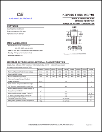 KBP005 datasheet: Single phase glass bridge rectifier. Maximum recurrent peak reverse voltage 50 V. Maximum average forward rectified current 2.0 A. KBP005